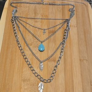 Silver Tone Layered Necklace with  Pendants